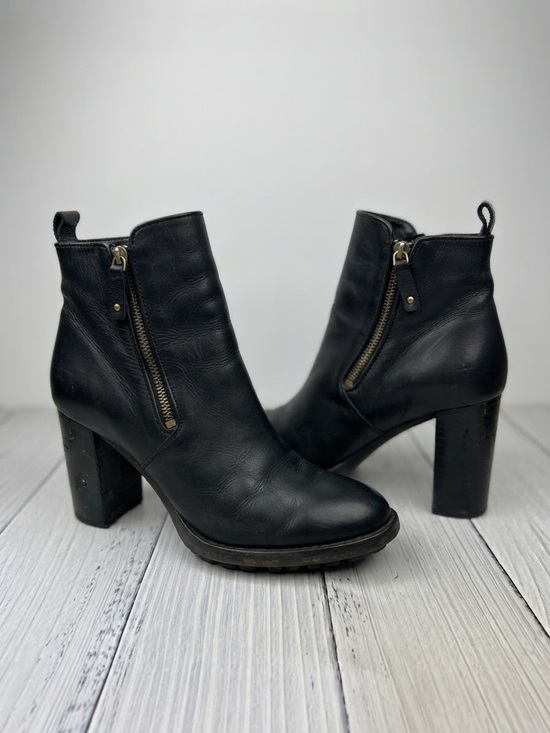 Handmade Shoes - Genuine Leather Handmade Black Lug Sole Block Heel Ankle Boots Size EUR 37. US 7
